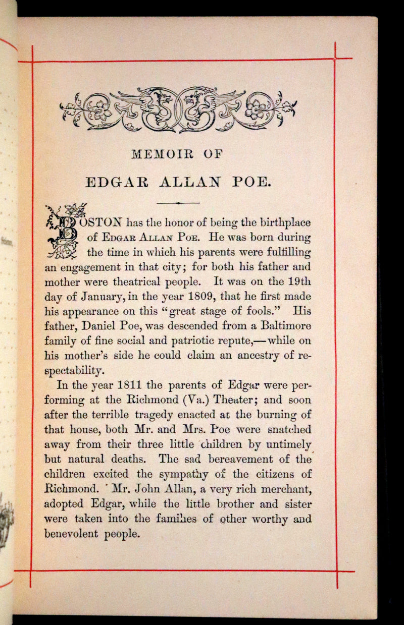 1882 Rare Book - Poems by Edgar Allan Poe with Memoir (The Raven, Lenore,...). Illustrated.