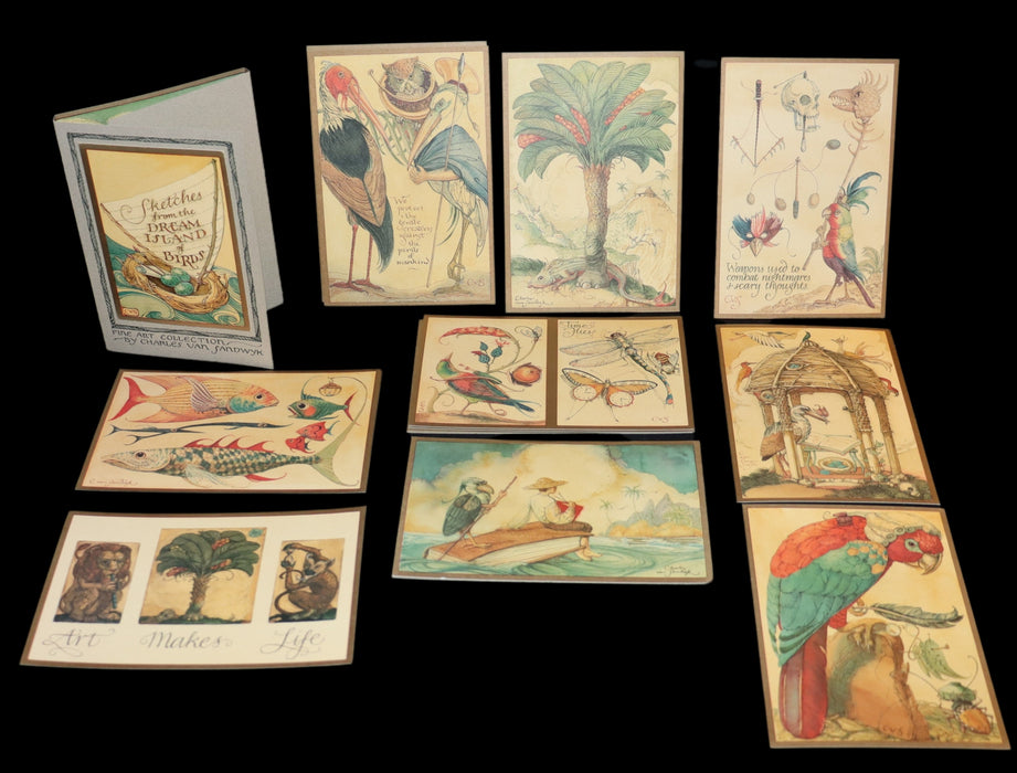 1995 Scarce First Edition - Sketches from the Dream Island of Birds, postcard set by Charles van Sandwyk.