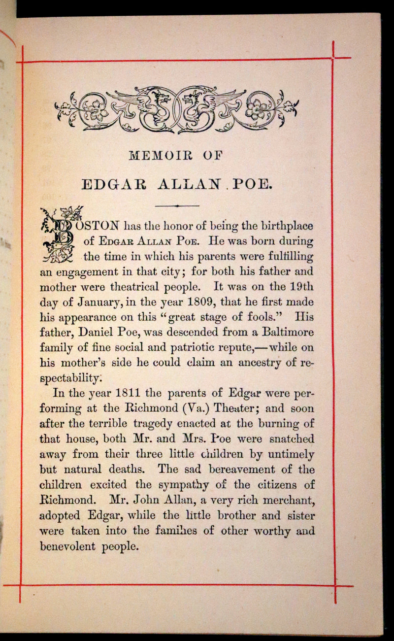 1882 Rare Book - Poems by Edgar Allan Poe with Memoir (The Raven, Lenore,...). Illustrated.