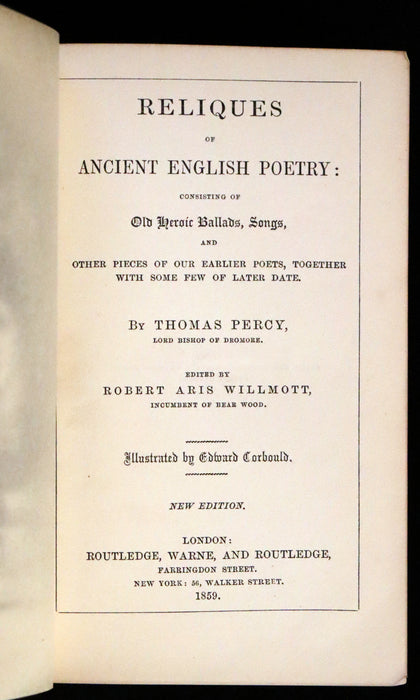 1859 Rare Victorian Book - Reliques of Ancient English Poetry and Old Heroic Ballads collected by Thomas Percy. Illustrated.