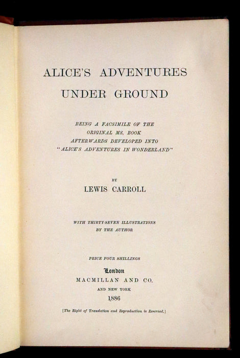 1886 Rare First Edition - Alice's Adventures Under Ground illustrated by Lewis Carroll. Alice's Adventures in Wonderland.