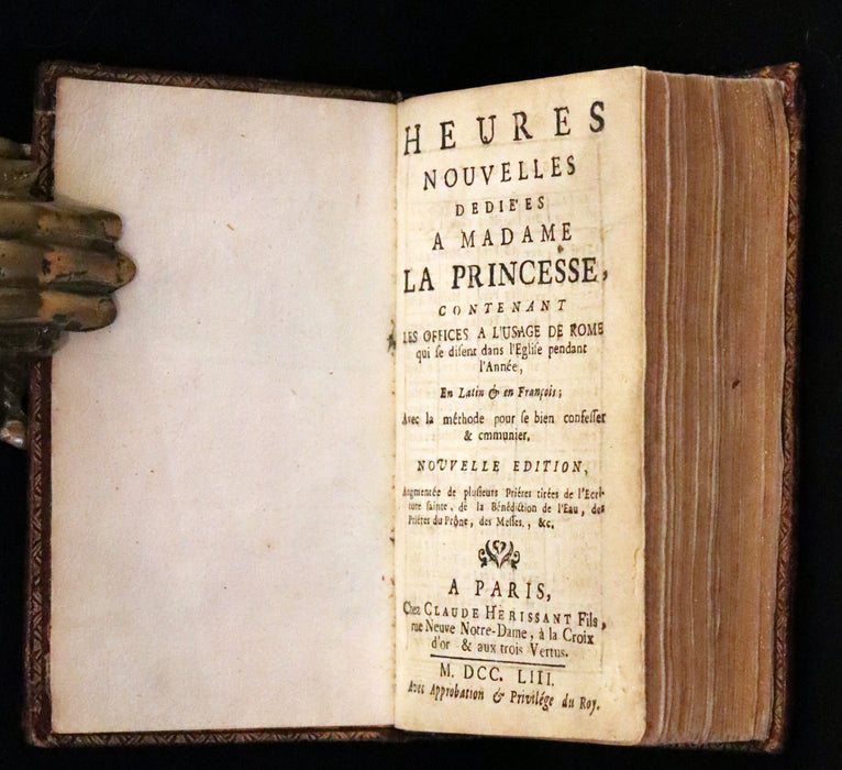 1753 Scarce French Latin Book in an Exquisite Binding - New Hours Dedicated to Madame the Princesse.