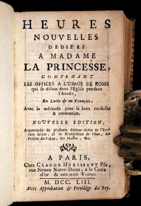 1753 Scarce French Latin Book in an Exquisite Binding - New Hours Dedicated to Madame the Princesse.