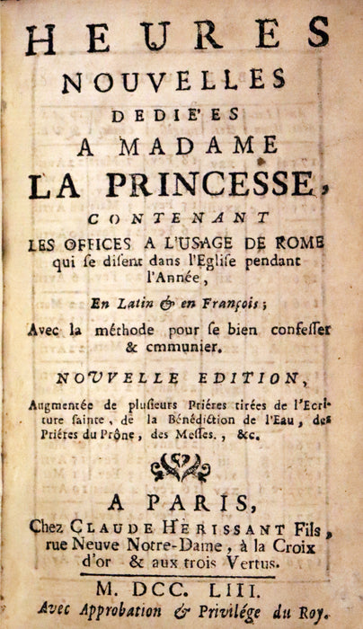 1753 Scarce French Latin Book in an Exquisite Binding - New Hours Dedicated to Madame the Princesse.