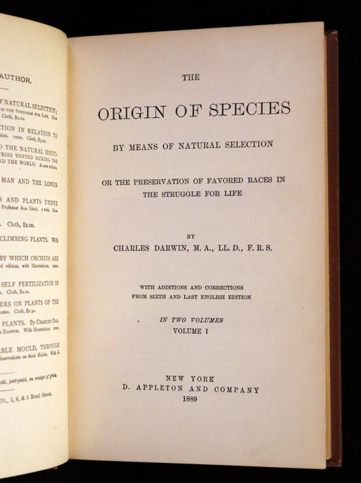 1889 Rare Book set - The Origin of Species, Natural Selection in the Struggle for Life by Charles Darwin.