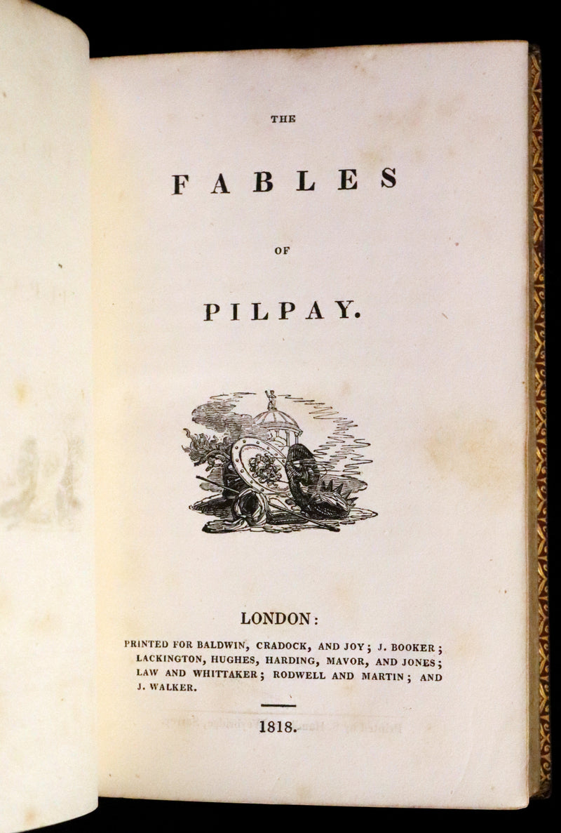 1818 Rare book in a beautiful binding - The Fables of Pilpay from ancient Indian and Persian wisdom. Illustrated.
