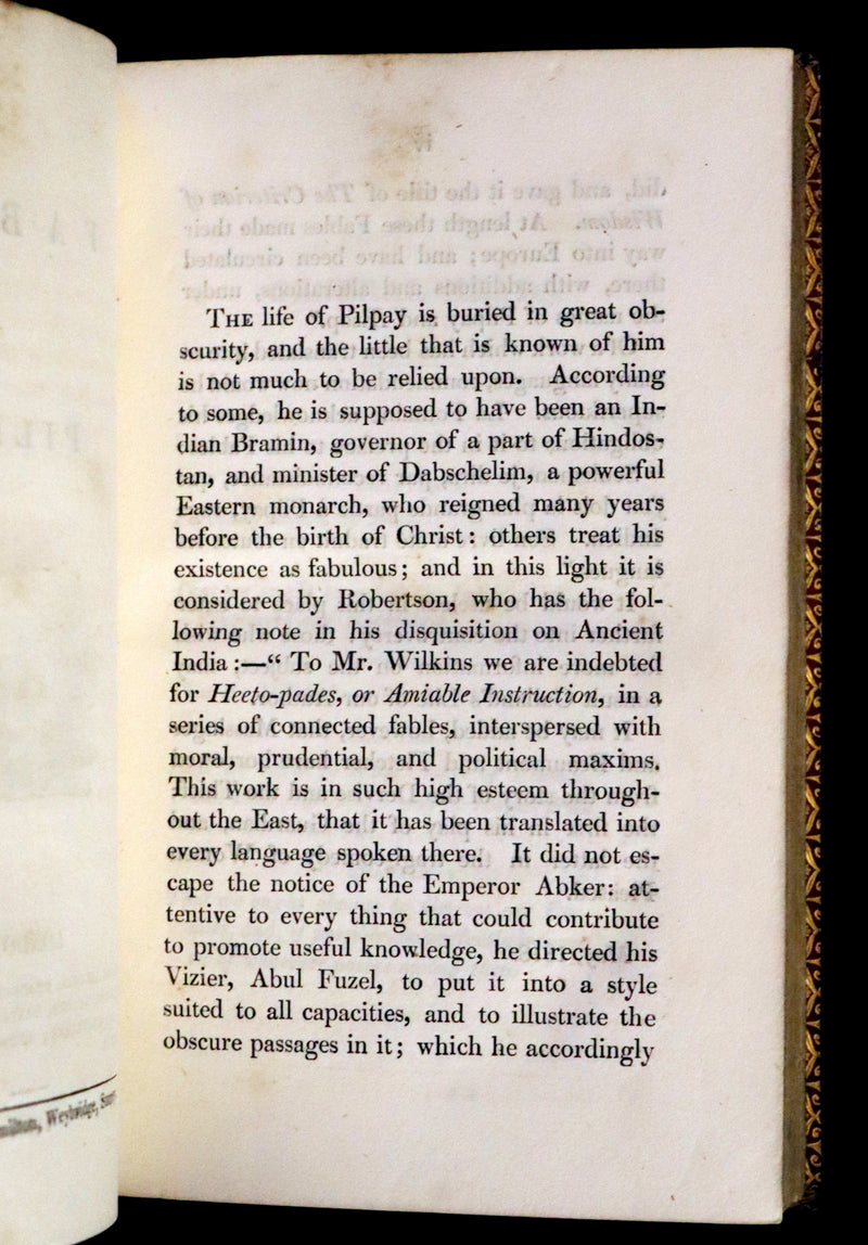 1818 Rare book in a beautiful binding - The Fables of Pilpay from ancient Indian and Persian wisdom. Illustrated.