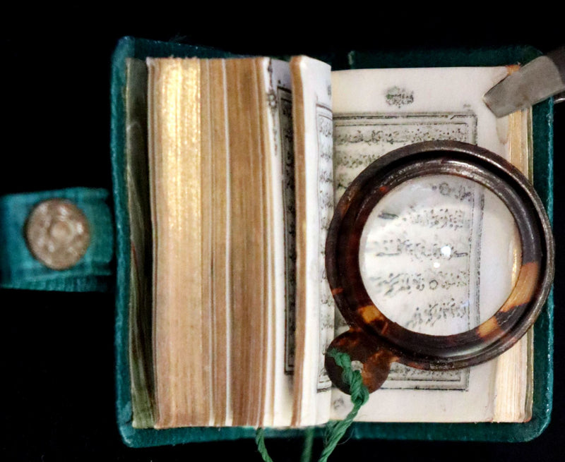 1920 Rare Miniature Arabic Book, The Koran, Quran by Steinbrener Magnifying Lens