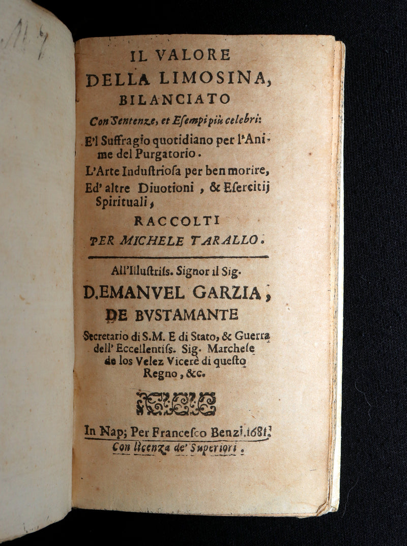 1681 Rare Italian Book – Il Valore della Limosina, Almsgiving Value by M.Tarallo