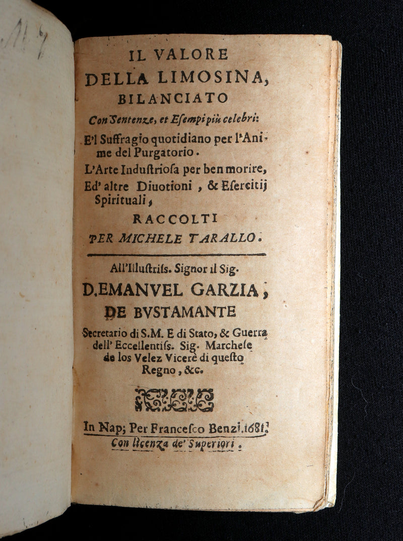 1681 Rare Italian Book – Il Valore della Limosina, Almsgiving Value by M.Tarallo