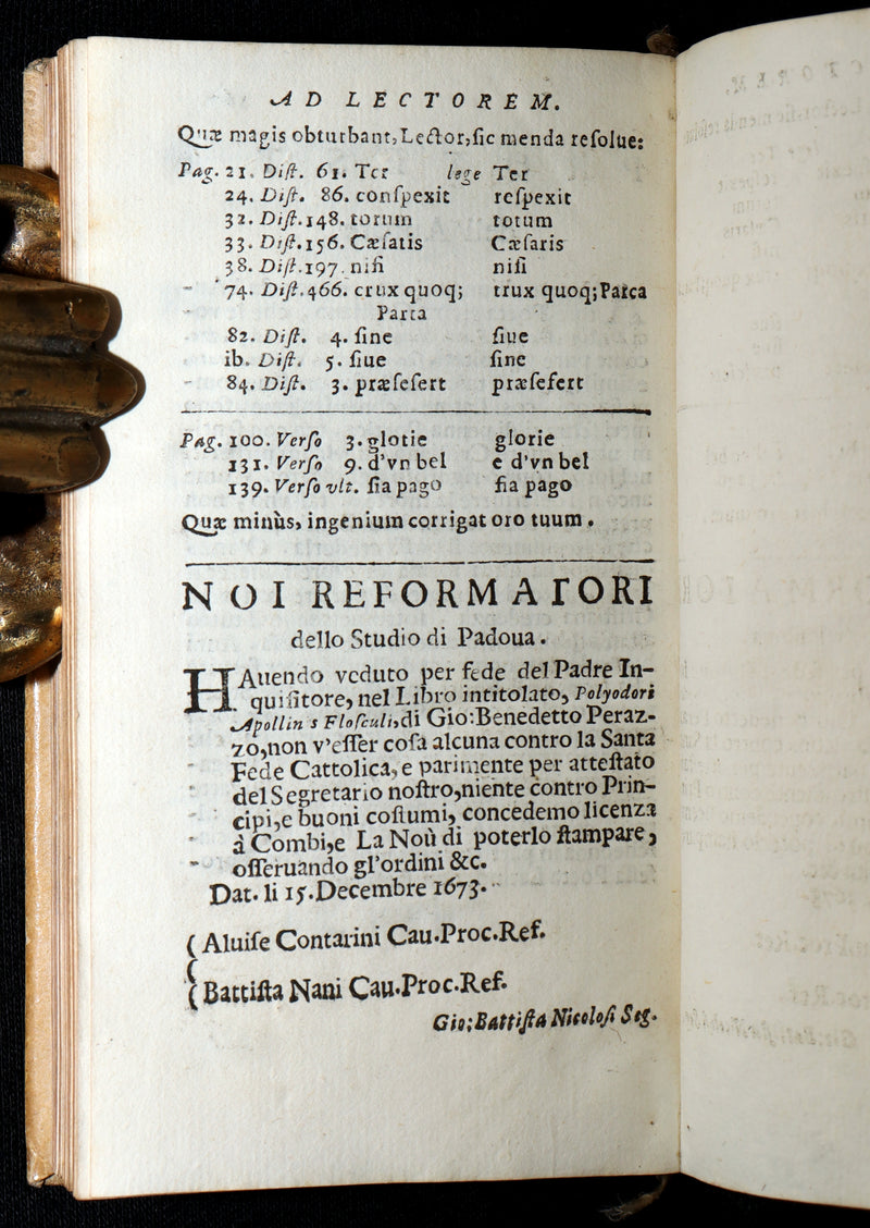 1674 Rare Latin Vellum Book – Polydori Apollinis Flosculi by Benedetto Perazzo