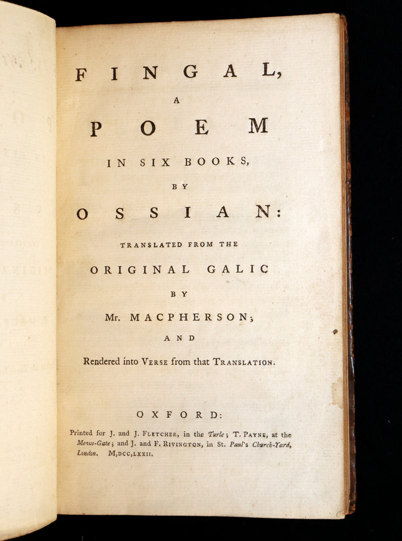 1772 Rare Oxford Edition - Fingal, A Poem by Ossian Translated by Macpherson