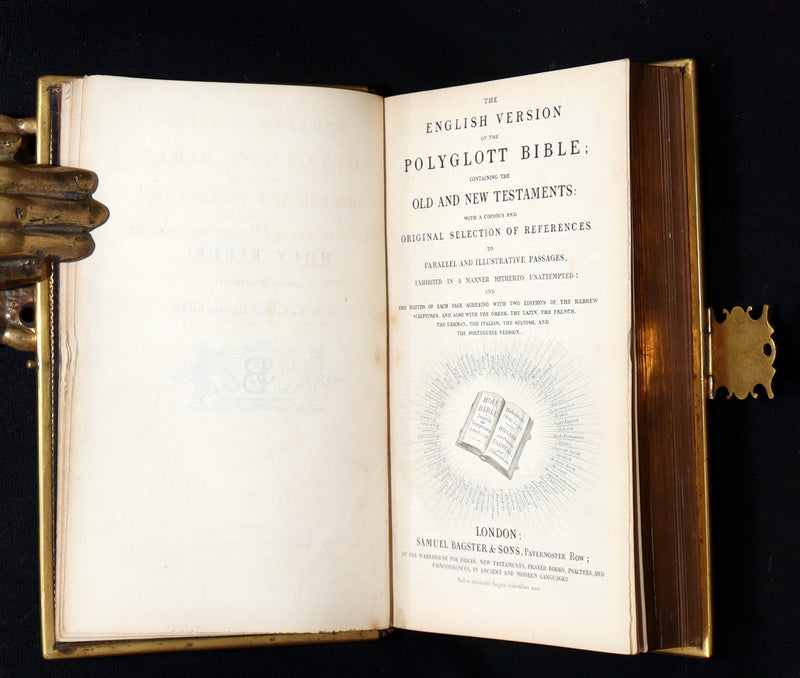 1850 Rare Bible bound by Bagster - Polyglot Bible, Old and New Testament, Clasp