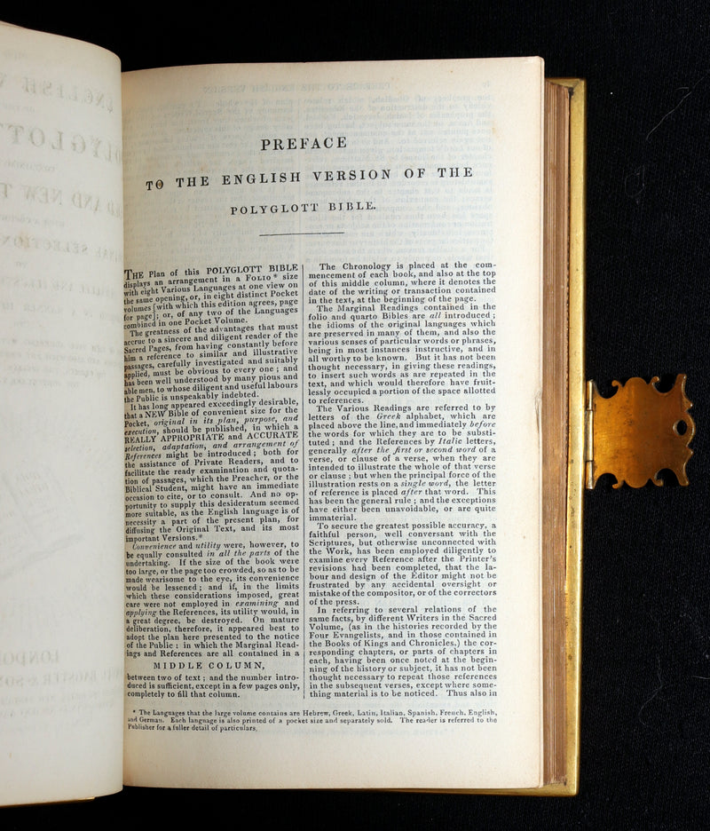 1850 Rare Bible bound by Bagster - Polyglot Bible, Old and New Testament, Clasp
