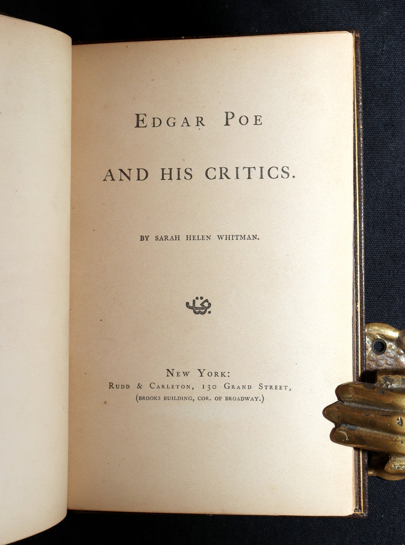 1860 First ED.- Edgar Poe and His Critics by Poe's Fiancée Sarah Helen Whitman