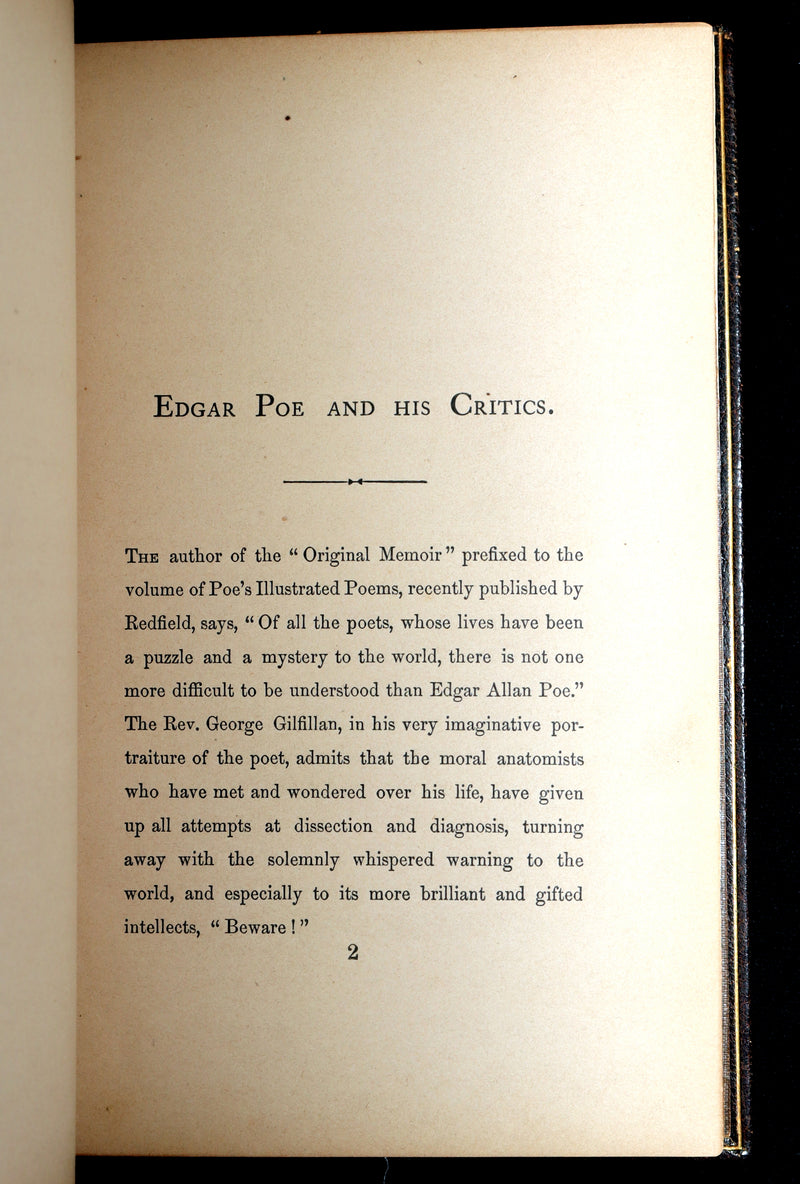 1860 First ED.- Edgar Poe and His Critics by Poe's Fiancée Sarah Helen Whitman