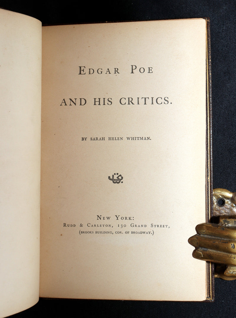 1860 First ED.- Edgar Poe and His Critics by Poe's Fiancée Sarah Helen Whitman