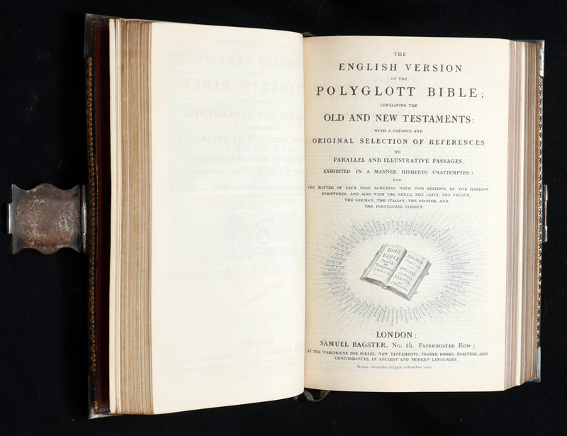 1847 Rare Bible bound by Bagster - Polyglot Bible, Old and New Testament, Clasp