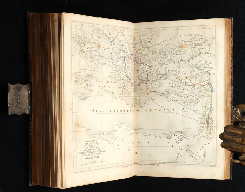 1850 Rare Bagster Bible - Polyglot Bible, Old and New Testament, Clasp and Maps