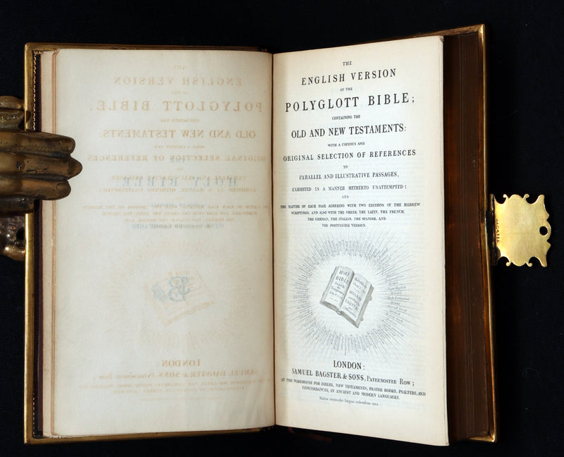 1860 Rare Book bound by Bagster - Polyglot Bible, Old and New Testaments. Clasp