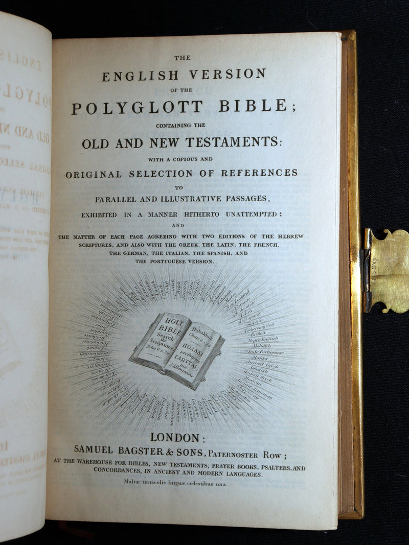 1860 Rare Book bound by Bagster - Polyglot Bible, Old and New Testaments. Clasp