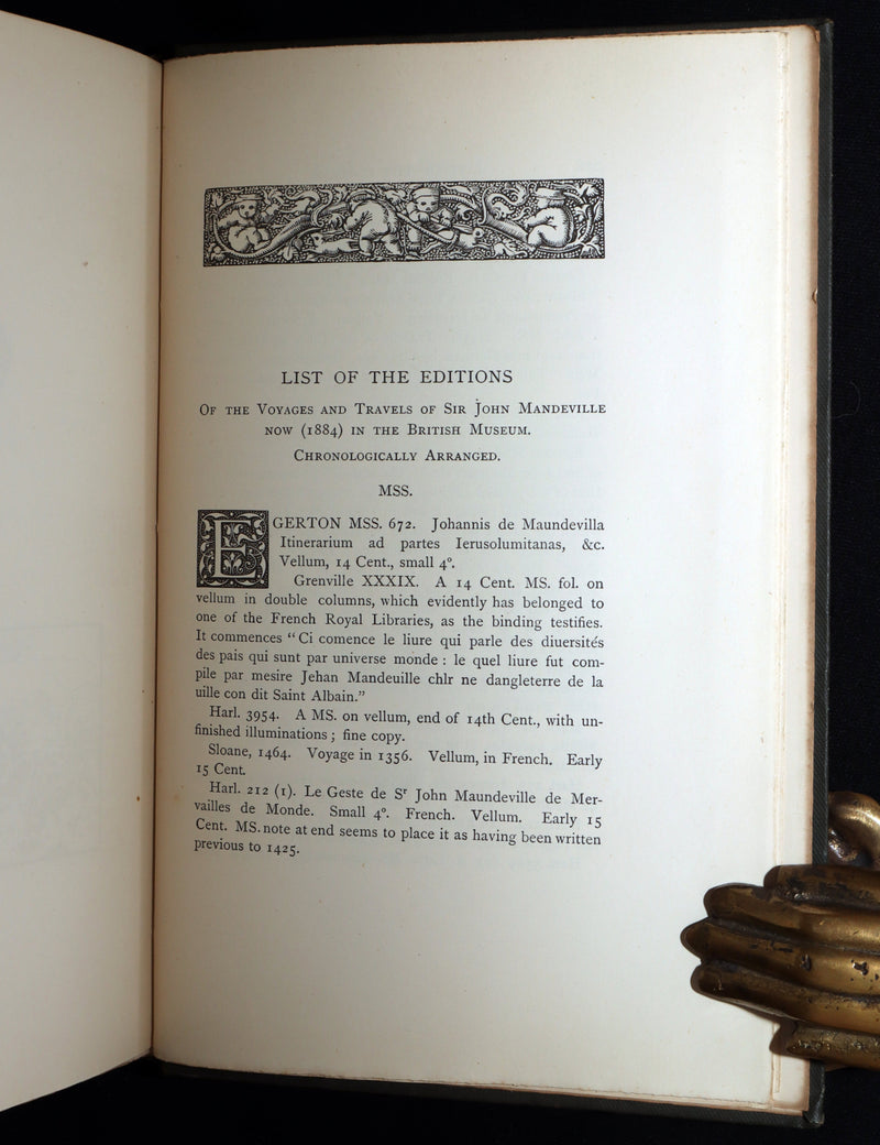 1887 Rare Legendary medieval Travel - The Voiage of Syr John Maundeville, Knight