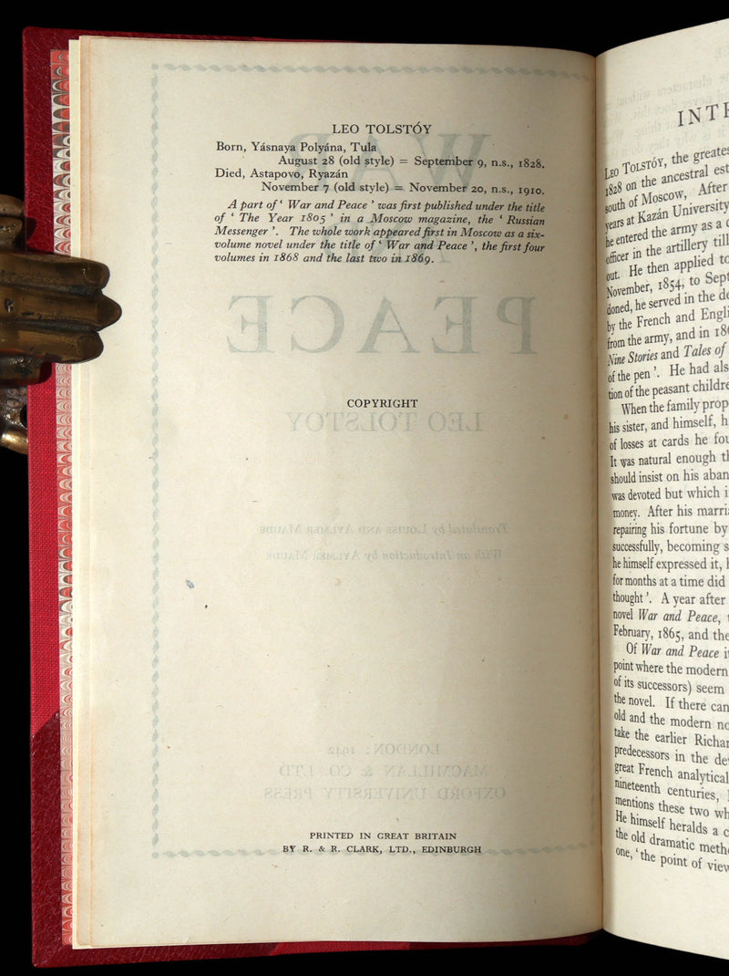 1942 Rare Book bound by  Bayntun-Riviere  - War and Peace by Leo Tolstoy
