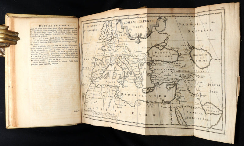 1722 Rare Latin Vellum Book - Florus' Roman History with Map of the Roman Empire