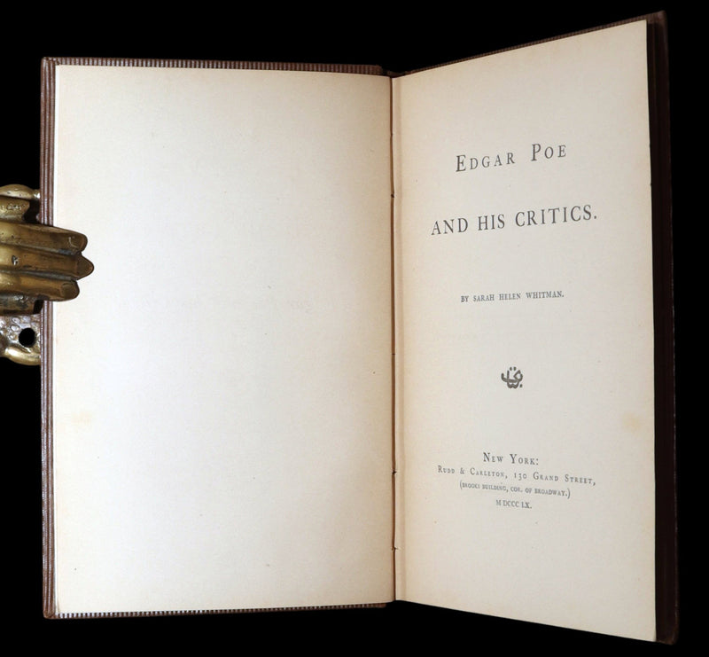 1860 First ED - Edgar Poe and His Critics by Poe's Fiancée Sarah Helen Whitman