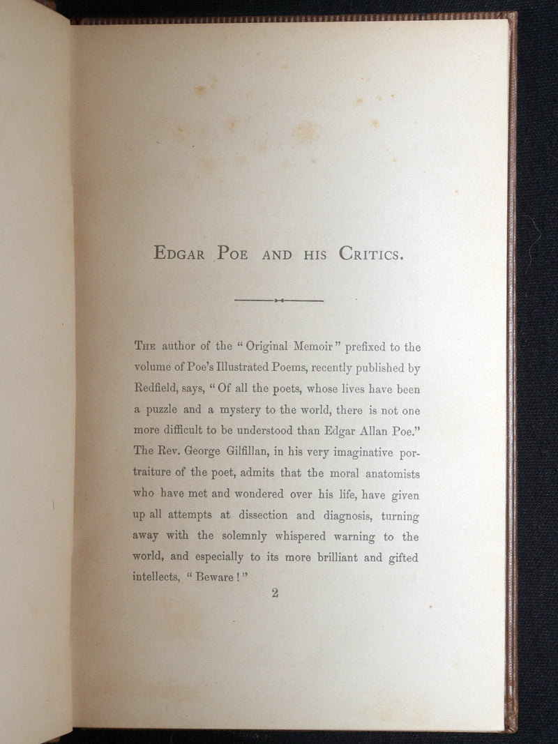 1860 First ED - Edgar Poe and His Critics by Poe's Fiancée Sarah Helen Whitman