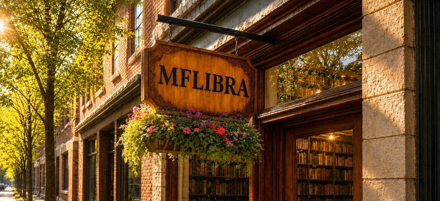 A charming bookshop storefront with a large wooden sign reading 'MFLIBRA' and 'BOOKSHOP' in the window. The shop has warm wood trim, stone walls, hanging flower baskets, and a sunlit sidewalk lined with trees.