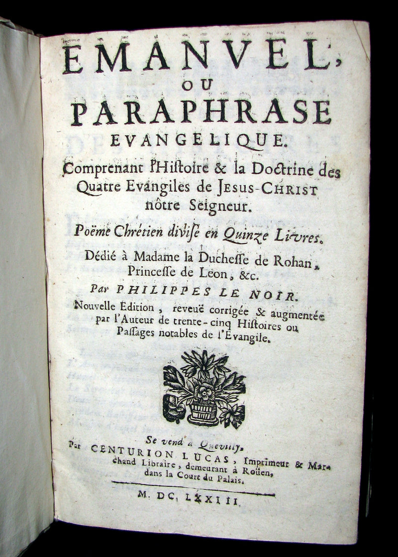 1673 Rare French Vellum Book - Emanuel - the four gospels of Jesus Christ. A Christian Poem.