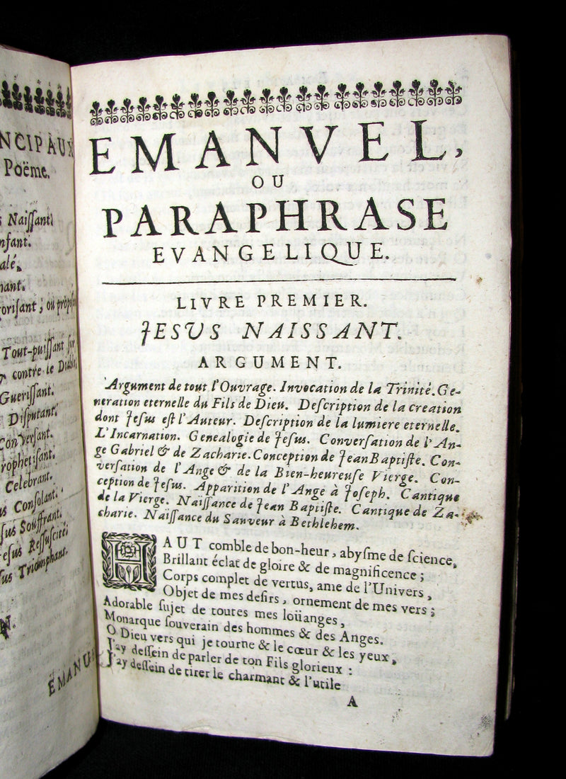 1673 Rare French Vellum Book - Emanuel - the four gospels of Jesus Christ. A Christian Poem.