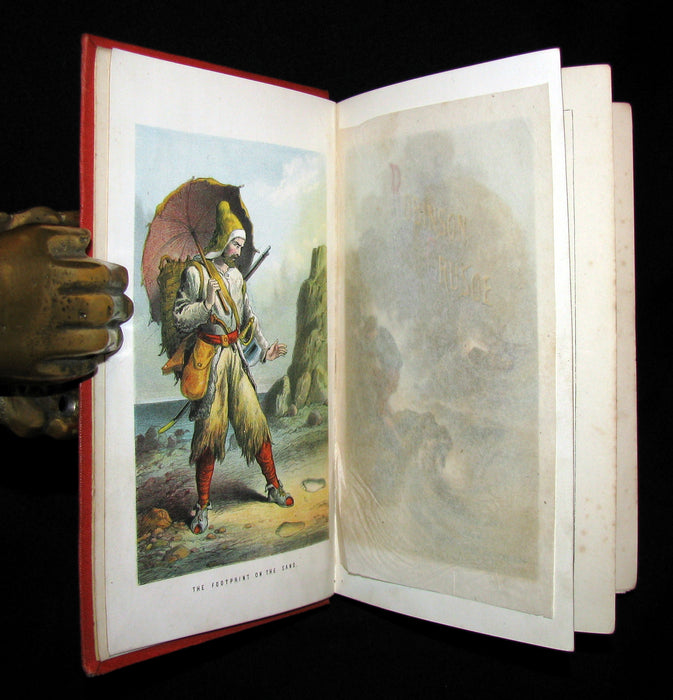 1872 Rare Victorian Book - Life and Adventures of Robinson Crusoe written by Himself. Color illustrated.