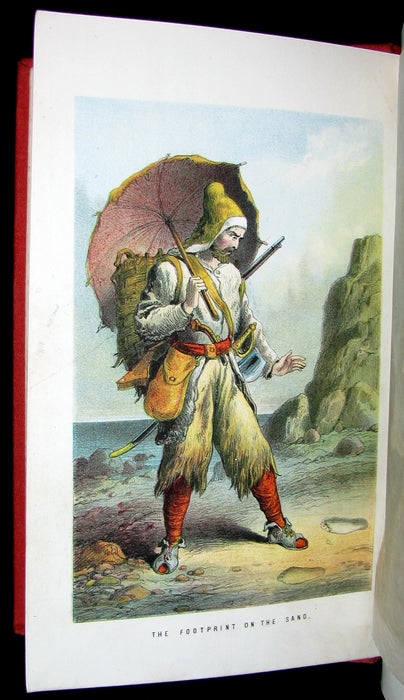 1872 Rare Victorian Book - Life and Adventures of Robinson Crusoe written by Himself. Color illustrated.