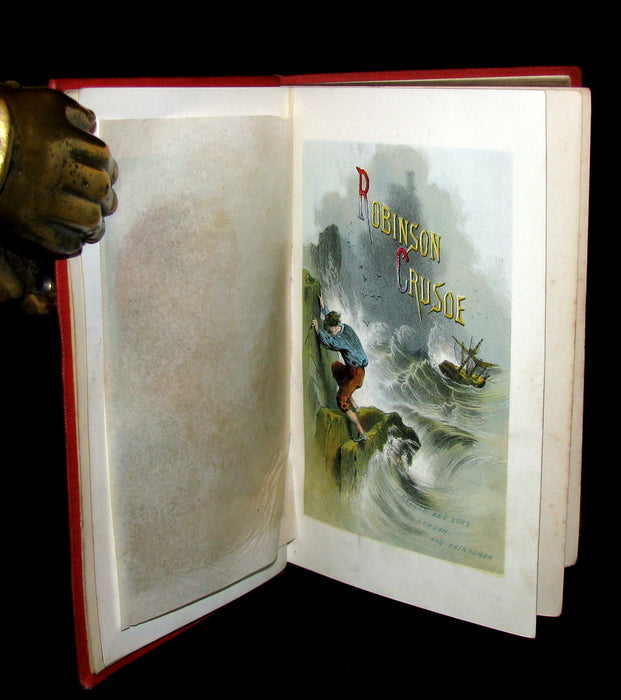 1872 Rare Victorian Book - Life and Adventures of Robinson Crusoe written by Himself. Color illustrated.