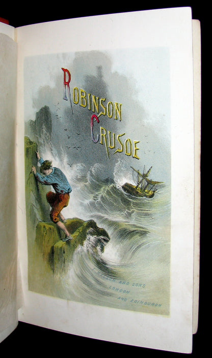 1872 Rare Victorian Book - Life and Adventures of Robinson Crusoe written by Himself. Color illustrated.