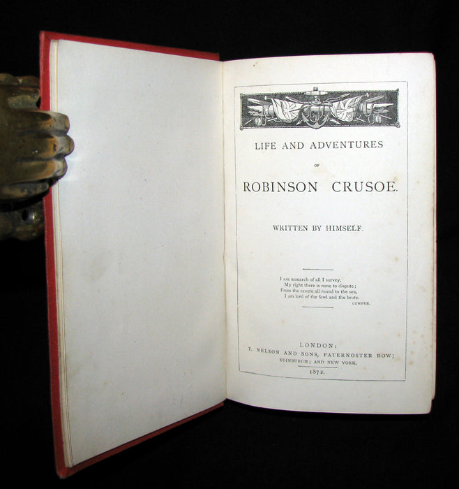 1872 Rare Victorian Book - Life and Adventures of Robinson Crusoe written by Himself. Color illustrated.