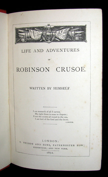 1872 Rare Victorian Book - Life and Adventures of Robinson Crusoe written by Himself. Color illustrated.