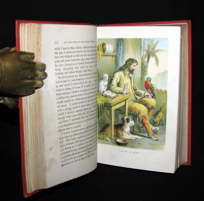 1872 Rare Victorian Book - Life and Adventures of Robinson Crusoe written by Himself. Color illustrated.