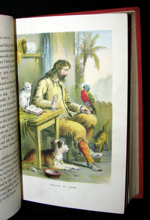 1872 Rare Victorian Book - Life and Adventures of Robinson Crusoe written by Himself. Color illustrated.