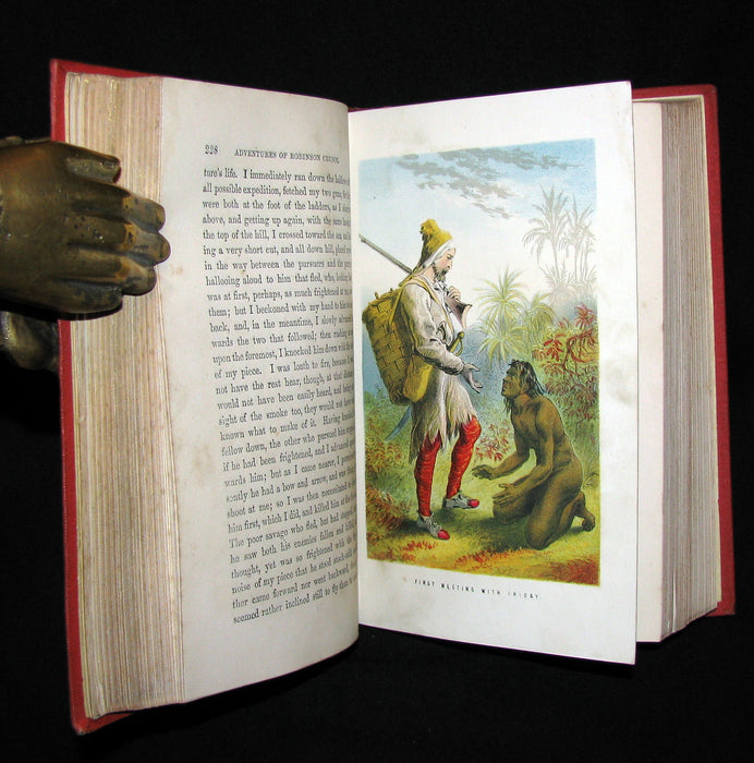 1872 Rare Victorian Book - Life and Adventures of Robinson Crusoe written by Himself. Color illustrated.