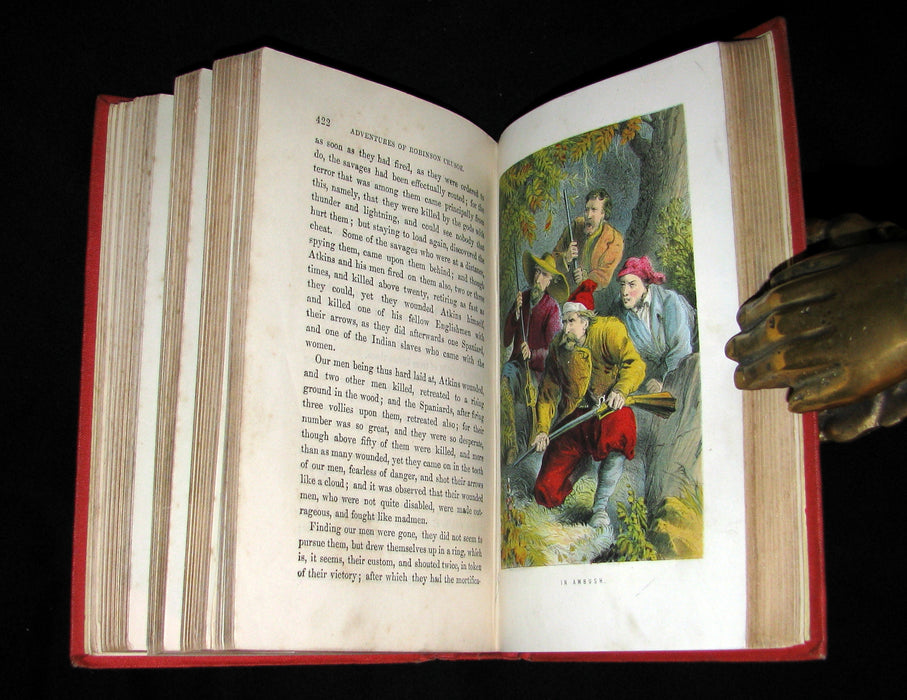 1872 Rare Victorian Book - Life and Adventures of Robinson Crusoe written by Himself. Color illustrated.