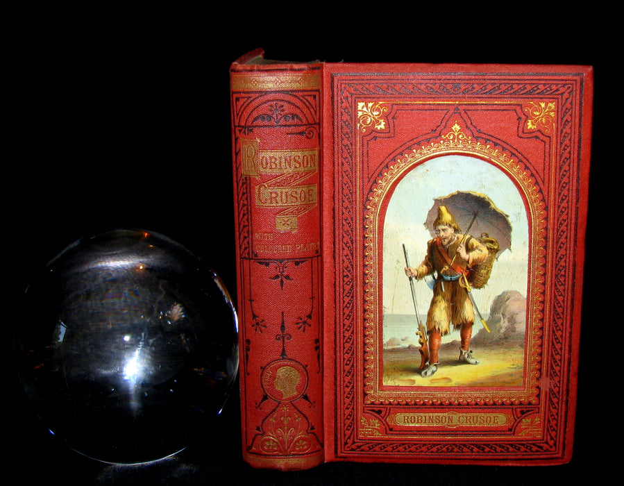 1872 Rare Victorian Book - Life and Adventures of Robinson Crusoe written by Himself. Color illustrated.