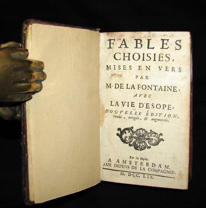 1759 Rare French Book - Fables choisies, mises en vers par monsieur De la Fontaine avec la vie d'Esope.