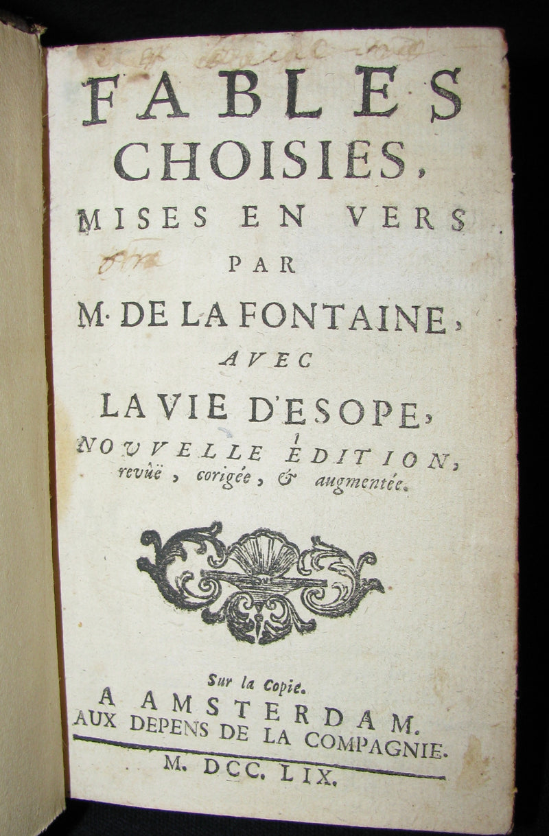 1759 Rare French Book - Fables choisies, mises en vers par monsieur De la Fontaine avec la vie d'Esope.