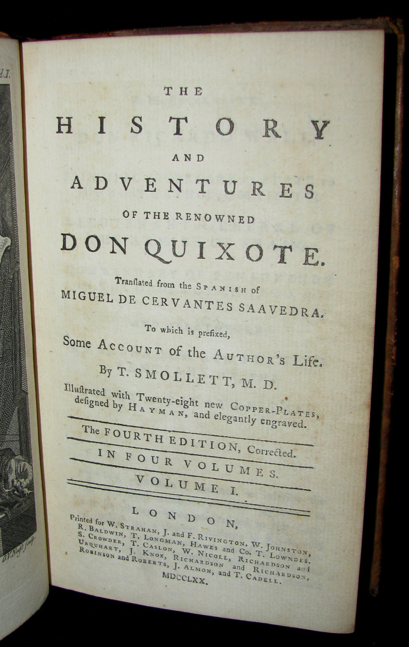 1770 Rare Book set ~ The History and Adventures of the Renowned Don Quixote (4 vols).