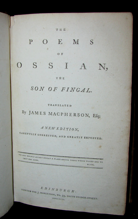 1792 Rare Book - The Poems Of Ossian, The Son Of Fingal by James MacPherson