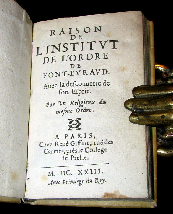 1623 Scarce French Vellum Book - Raison de l'Institut de l'Ordre de Font-Evraud (FONTEVRAUD)