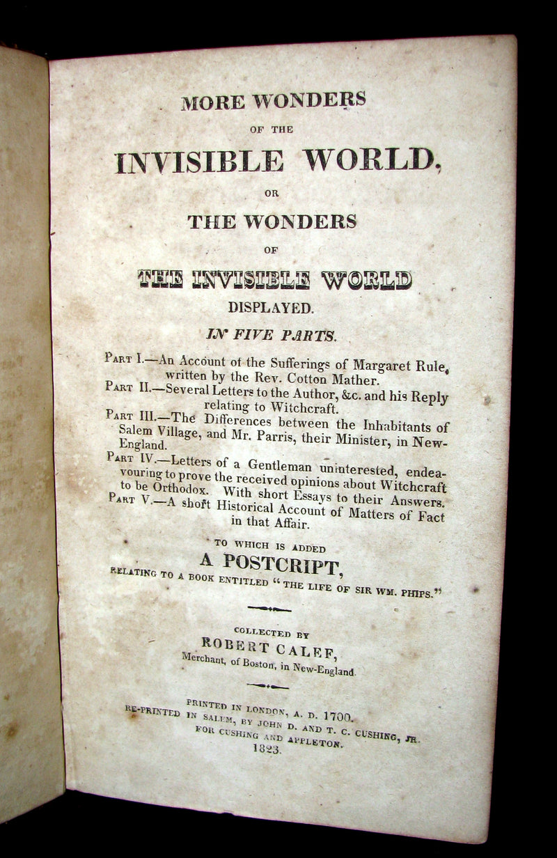 1823 Scarce Book - SALEM WITCHCRAFT - Wonders of the Invisible World by Robert Calef.